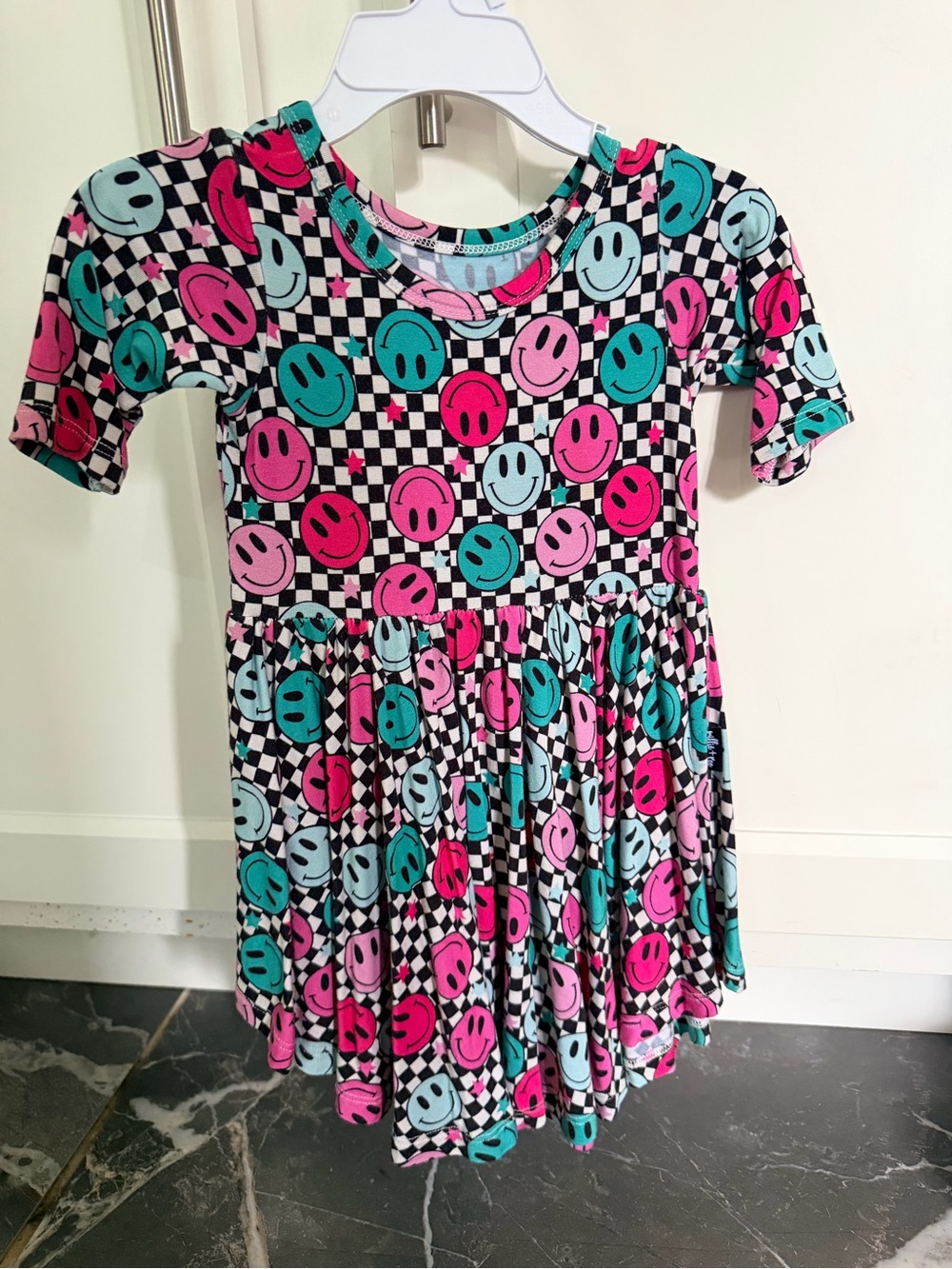 Girls' Short Sleeve Smiley Check Dress in Pink, Teal & Black
